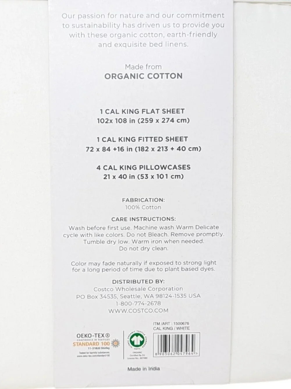 NEW Pure Earth Organic 300 Thread Count White California King Sheet Set